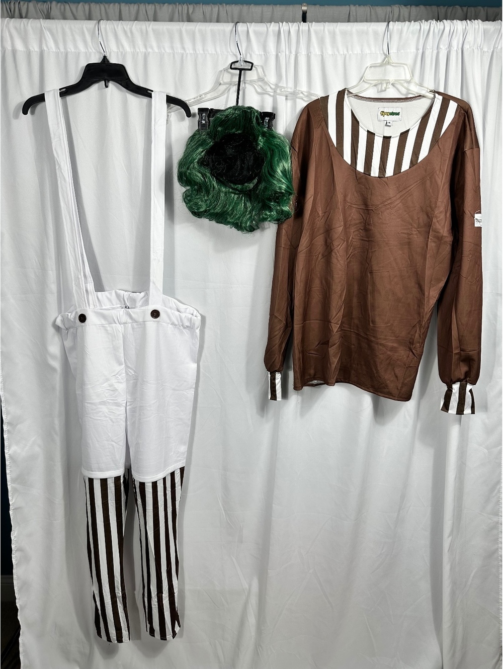 Tipsy Elves Willy Wonka Umpa Lumpa Costume Set with Green Wig and Striped Shirt